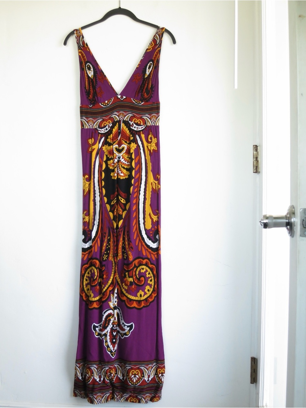 Angie Purple Maxi Dress with Gold and Black Paisley Print